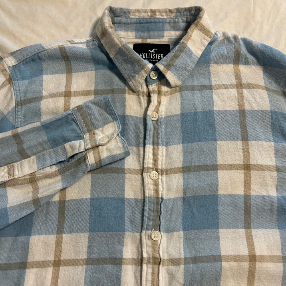 Hollister Mens Blue White Plaid Flannel Button Down Shirt XL Long Sleeve Cotton